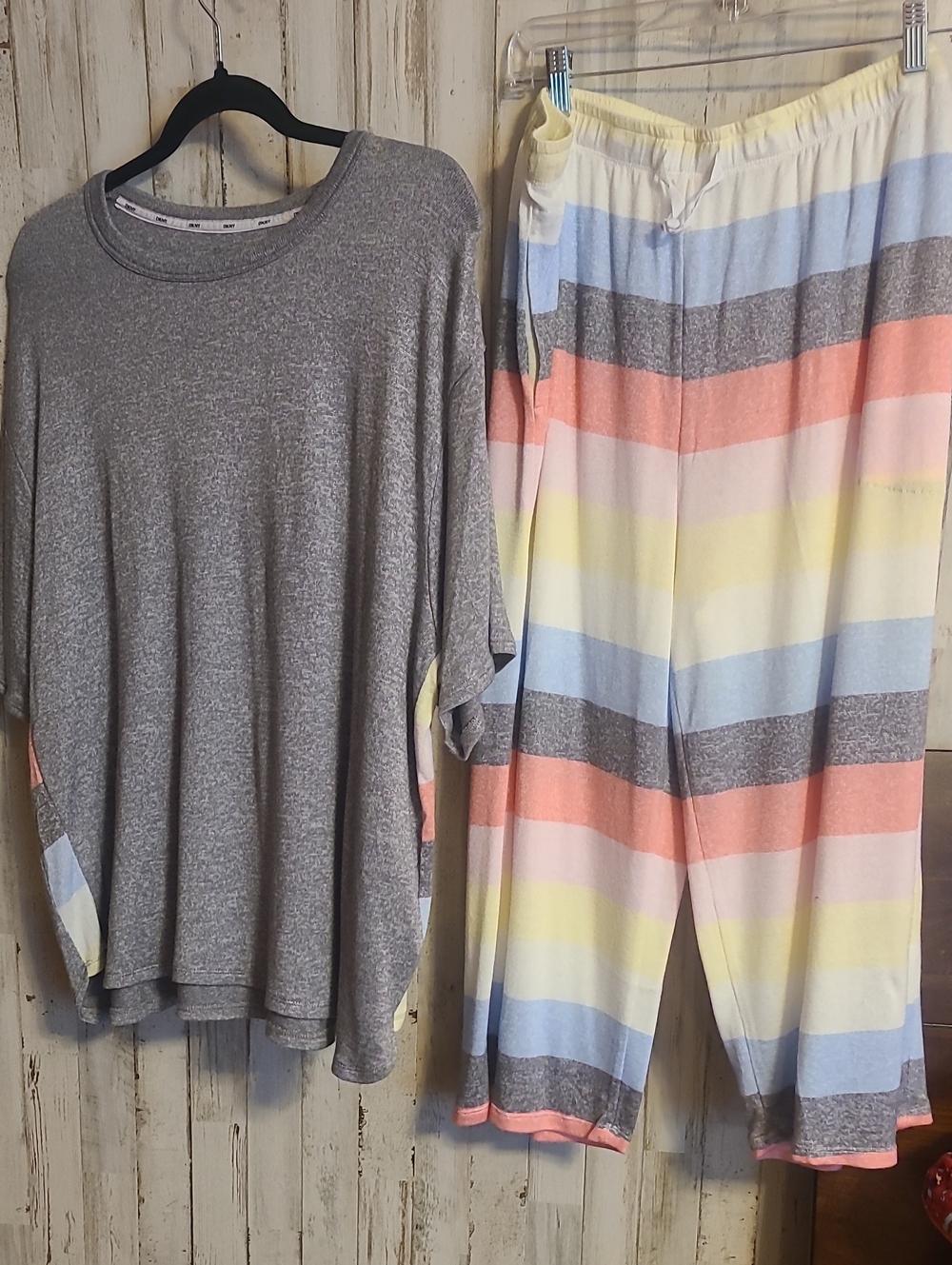 Dkny Cozy Gray Top with Pastel Striped Lounge Pants Set